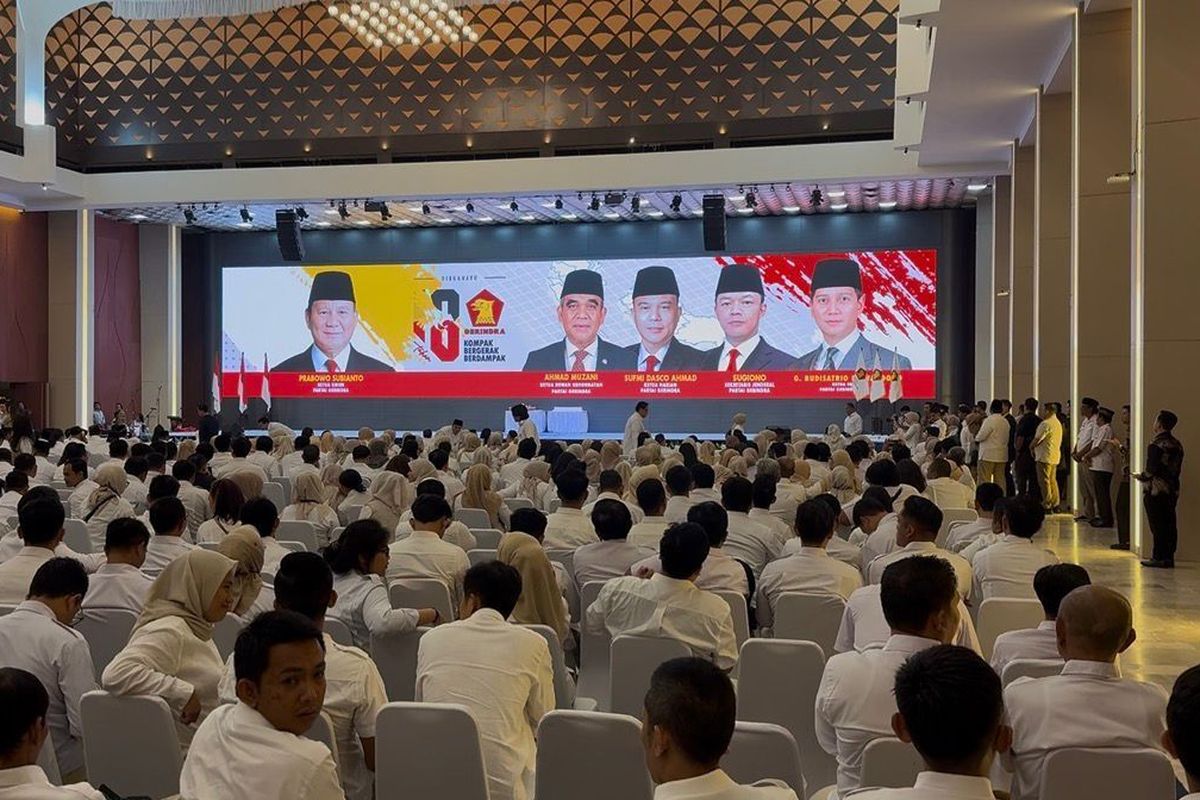 Perayaan Hari Ulang Tahun (HUT) ke-18 Partai Gerindra yang digelar di Gedung DPR/MPR RI, Jakarta