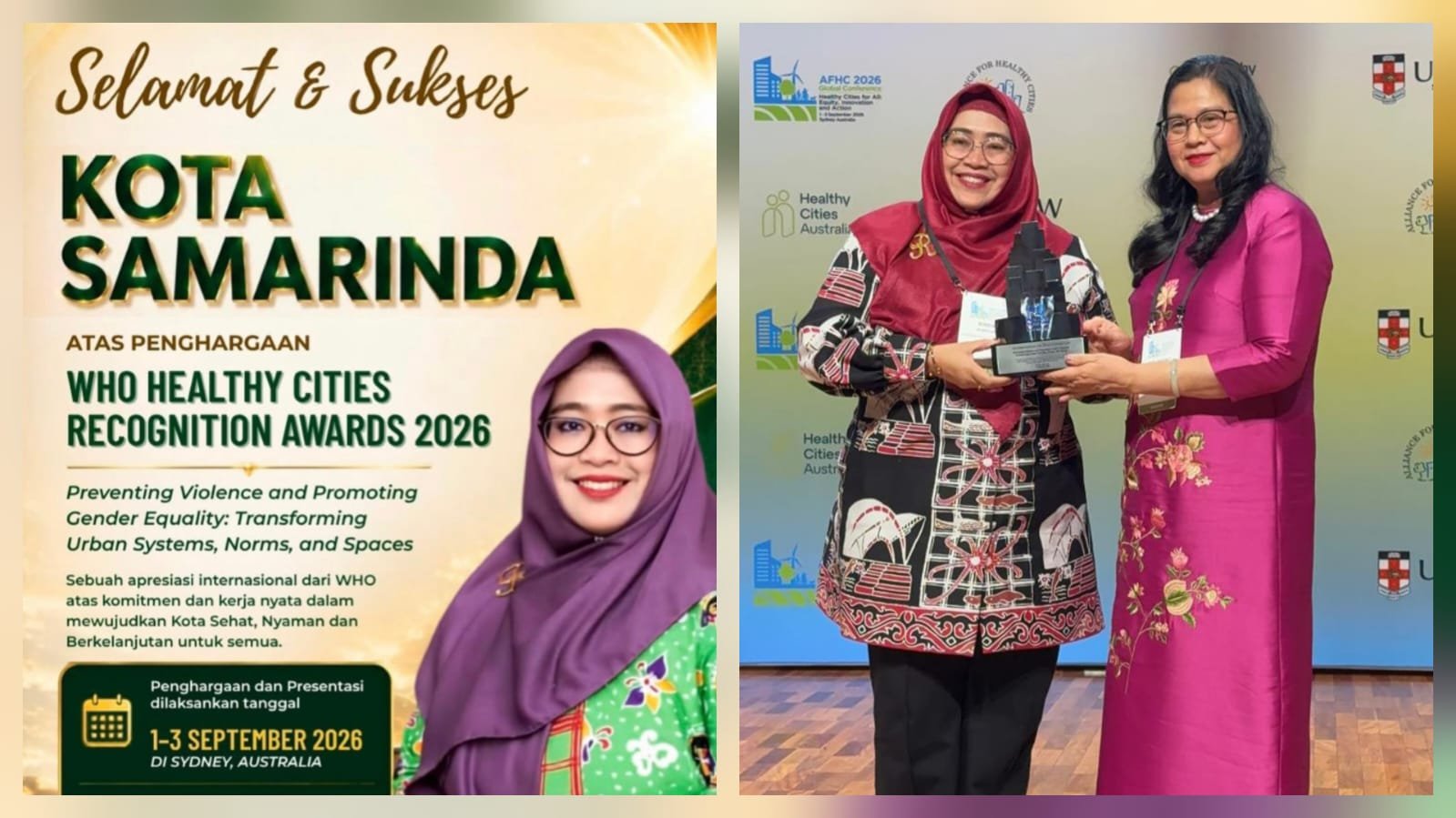 Ketua Forum Kota Sehat Samarinda, Rinda Wahyuni Andi Harun, hadir mewakili Wali Kota Samarinda untuk menerima penghargaan WHO Healthy Cities Recognition Awards 2026